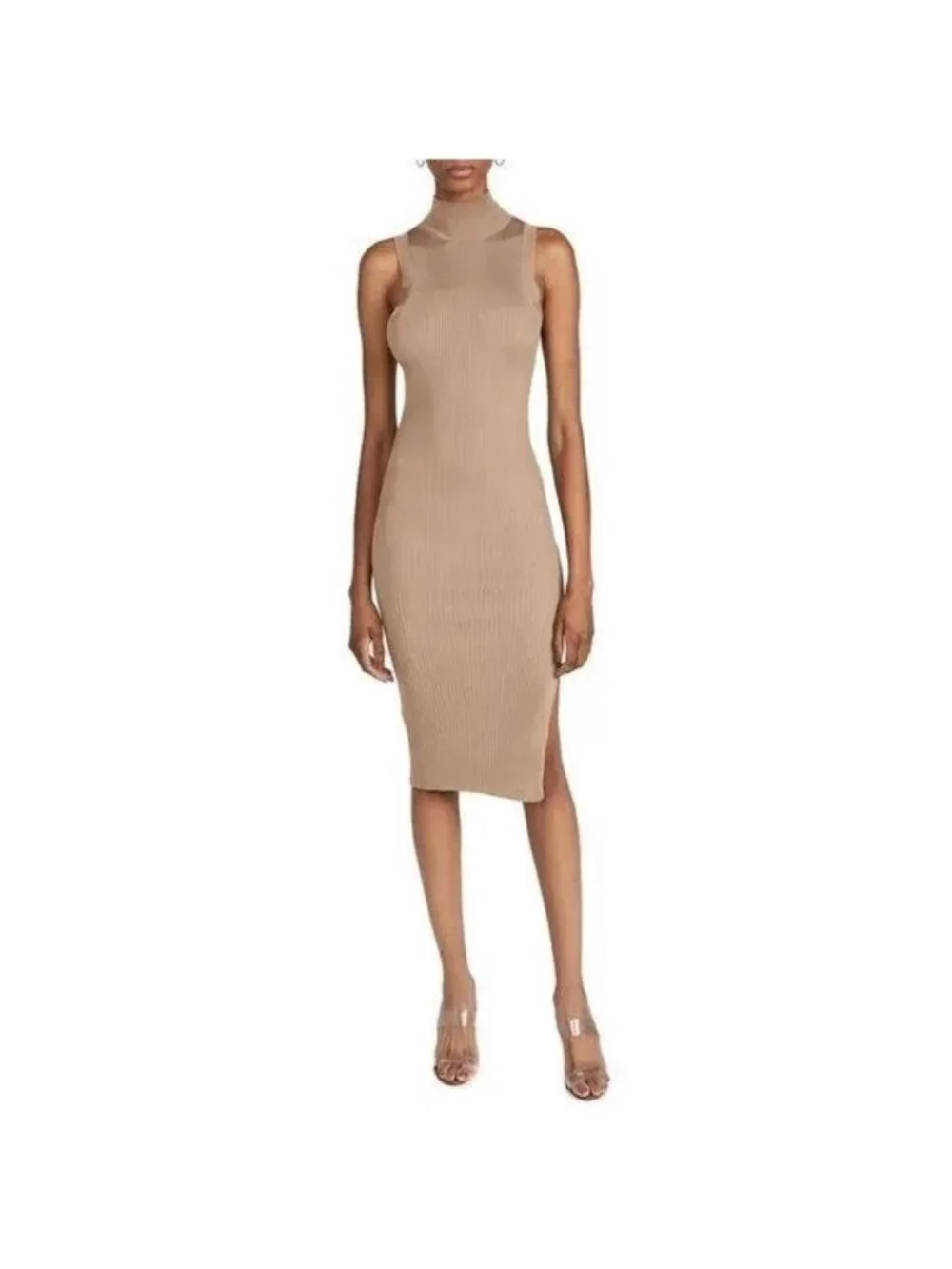 Good American Dress Womens 3 4 Brown Sweater Bodycon Mock Neck Sleeveless Midi